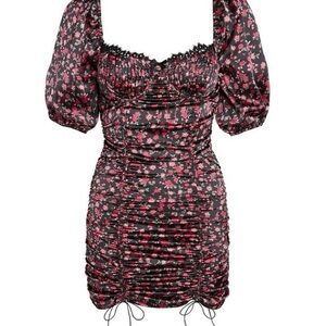 For Love & Lemons Ruched Black Pink Floral Mini Dress